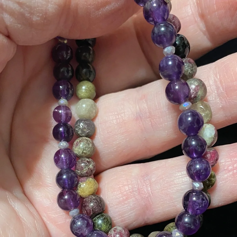 Handcrafted Natural Amethyst Natural Tourmaline double strand Beaded Bracelet